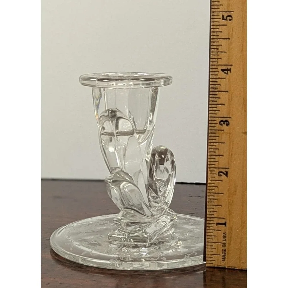 Vintage Clear Glass Cornucopia Candlestick Etched Floral UV Reactive Glows 4.25